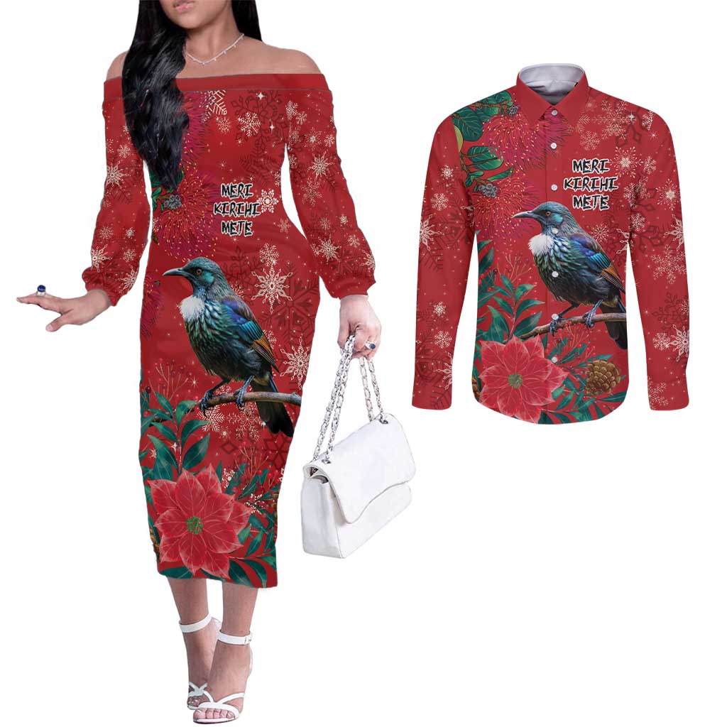 Tui Meri Kirihimete Personalised Couples Matching Off The Shoulder Long Sleeve Dress and Long Sleeve Button Shirt Pohutukawa Flowers Red Motif LT9 Red - Polynesian Pride
