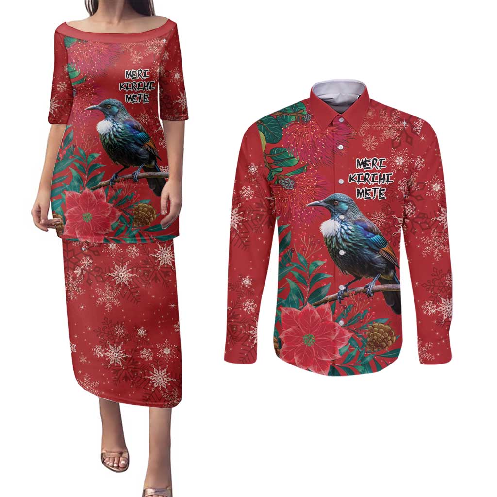 Tui Meri Kirihimete Personalised Couples Matching Puletasi and Long Sleeve Button Shirt Pohutukawa Flowers Red Motif LT9 Red - Polynesian Pride