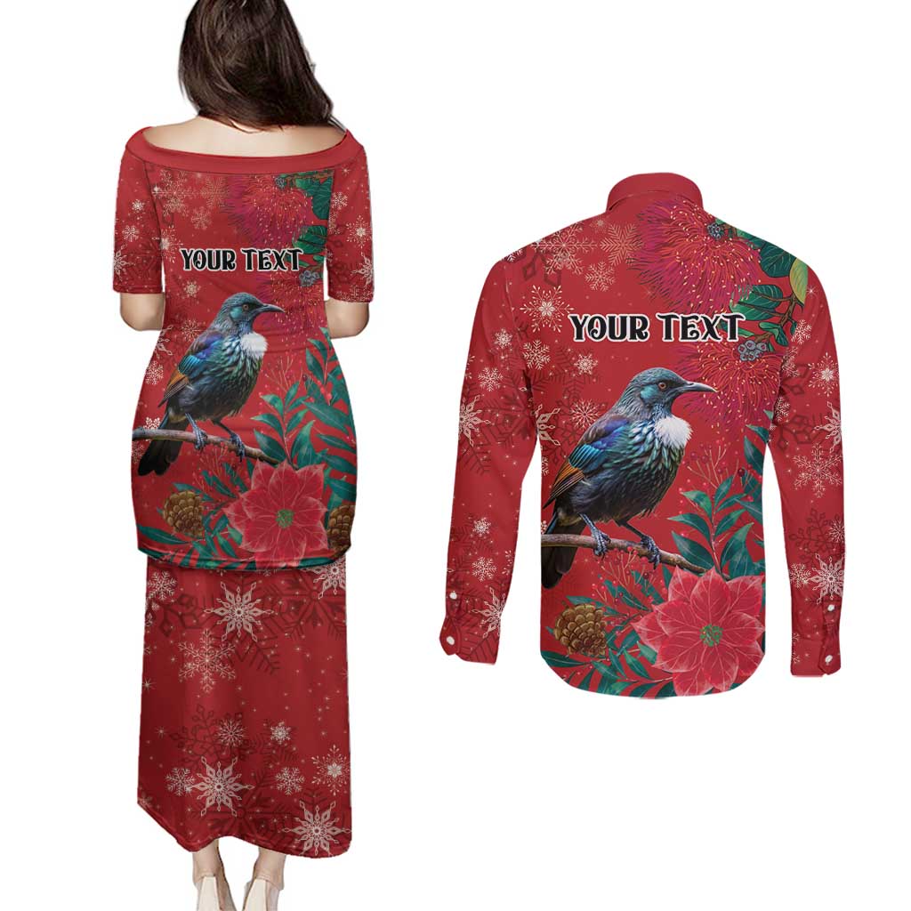 Tui Meri Kirihimete Personalised Couples Matching Puletasi and Long Sleeve Button Shirt Pohutukawa Flowers Red Motif LT9 - Polynesian Pride