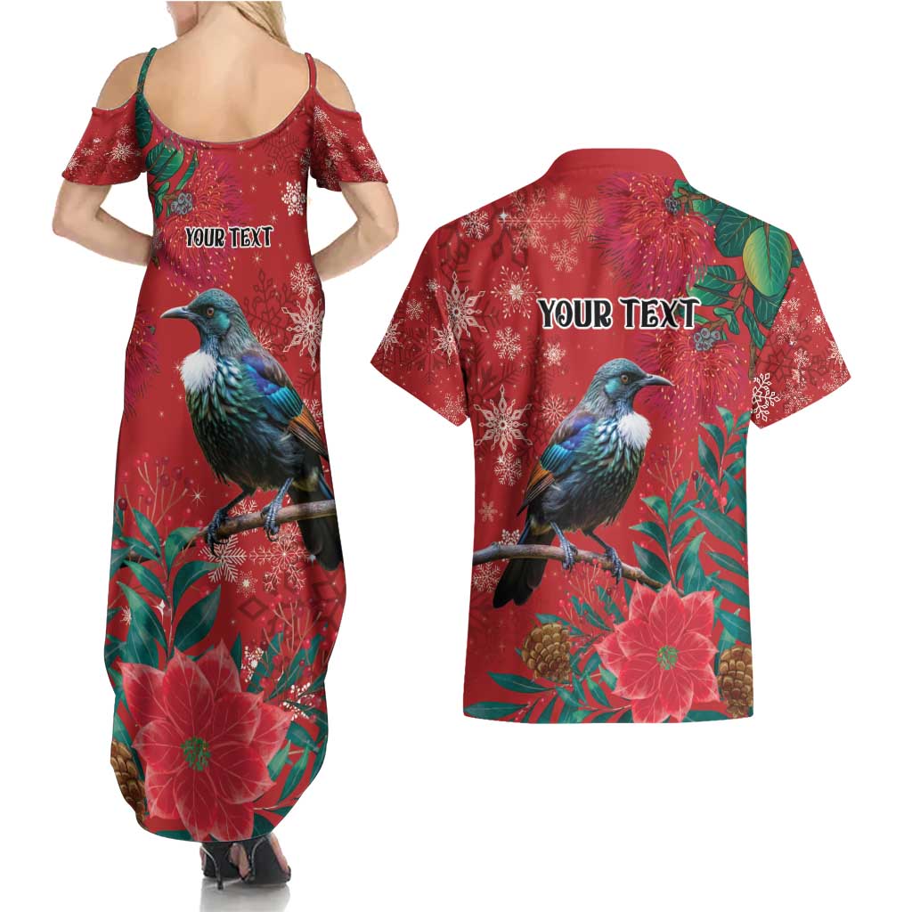 Tui Meri Kirihimete Personalised Couples Matching Summer Maxi Dress and Hawaiian Shirt Pohutukawa Flowers Red Motif LT9 - Polynesian Pride