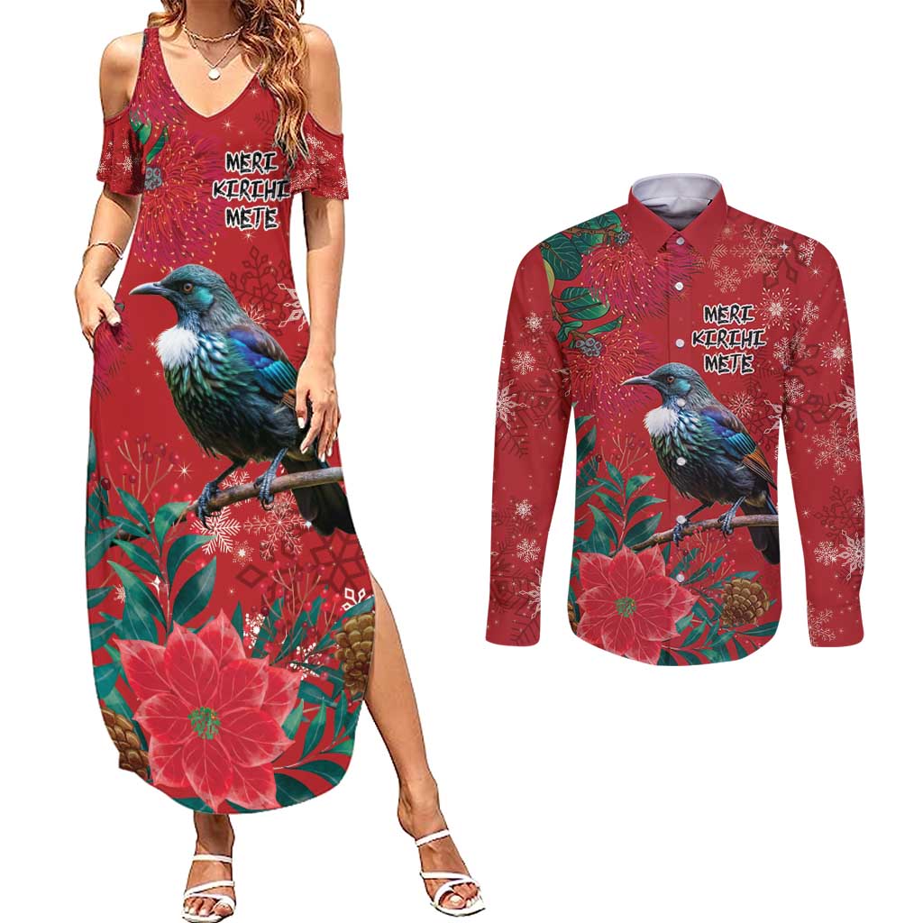 Tui Meri Kirihimete Personalised Couples Matching Summer Maxi Dress and Long Sleeve Button Shirt Pohutukawa Flowers Red Motif LT9 Red - Polynesian Pride