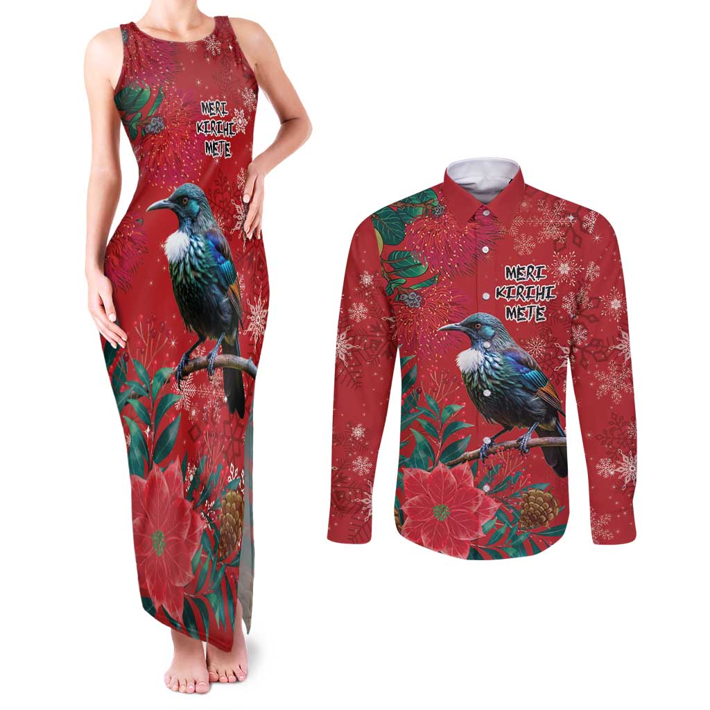 Tui Meri Kirihimete Personalised Couples Matching Tank Maxi Dress and Long Sleeve Button Shirt Pohutukawa Flowers Red Motif LT9 Red - Polynesian Pride