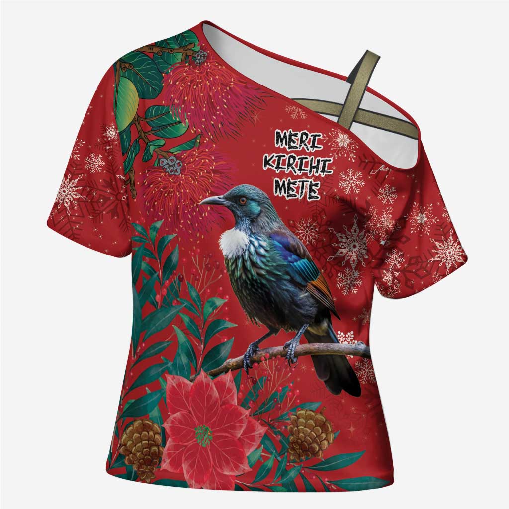 Tui Meri Kirihimete Personalised Cross Shoulder Shirt Pohutukawa Flowers Red Motif LT9 Female Red - Polynesian Pride