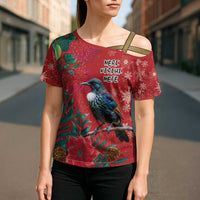 Tui Meri Kirihimete Personalised Cross Shoulder Shirt Pohutukawa Flowers Red Motif LT9 - Polynesian Pride