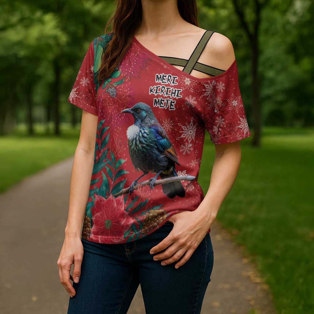 Tui Meri Kirihimete Personalised Cross Shoulder Shirt Pohutukawa Flowers Red Motif LT9 - Polynesian Pride
