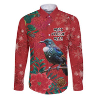 Tui Meri Kirihimete Personalised Family Matching Long Sleeve Bodycon Dress and Hawaiian Shirt Pohutukawa Flowers Red Motif LT9 Dad's Shirt - Long Sleeve Red - Polynesian Pride