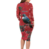 Tui Meri Kirihimete Personalised Family Matching Long Sleeve Bodycon Dress and Hawaiian Shirt Pohutukawa Flowers Red Motif LT9 - Polynesian Pride