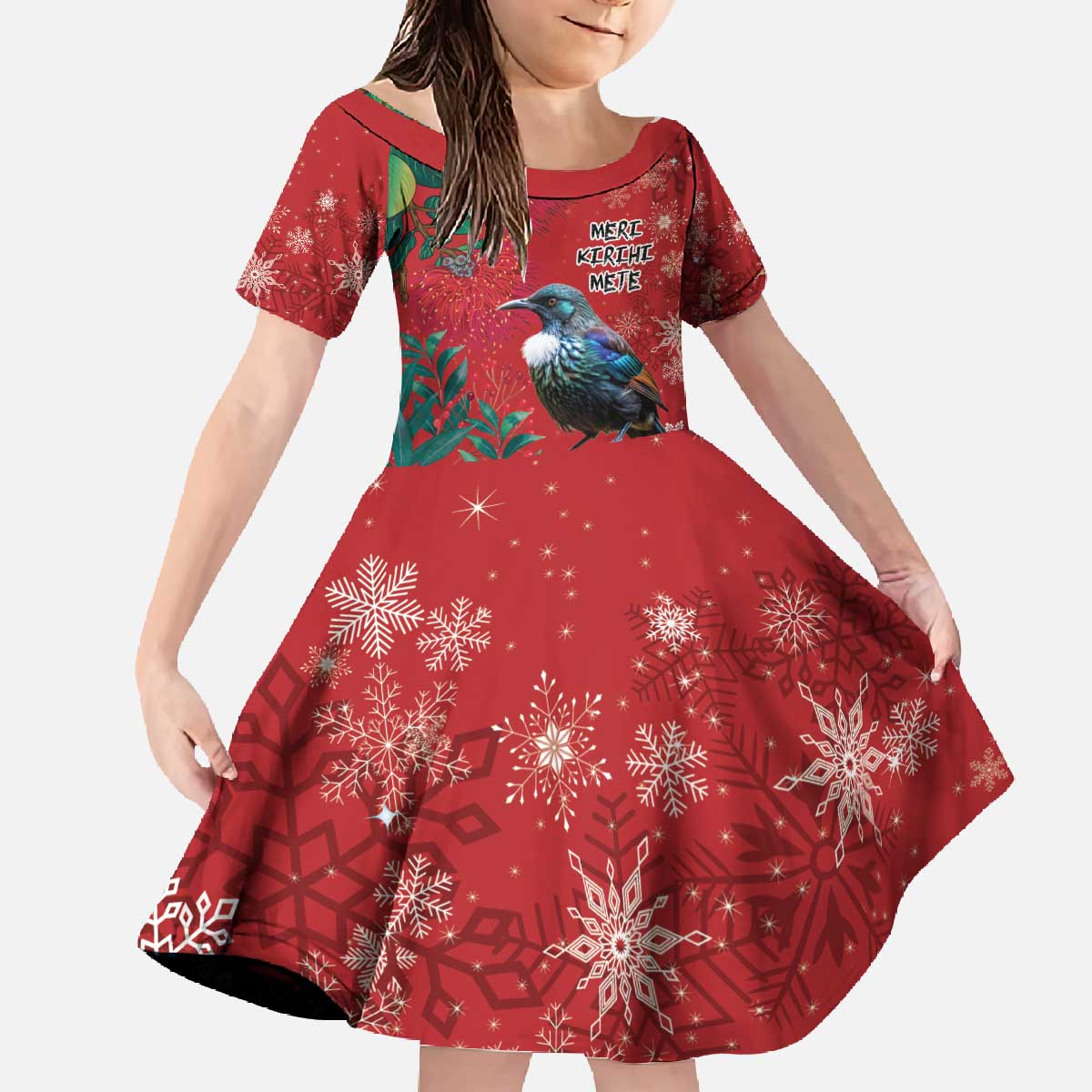 Tui Meri Kirihimete Personalised Family Matching Off The Shoulder Long Sleeve Dress and Hawaiian Shirt Pohutukawa Flowers Red Motif LT9 Daughter's Dress Red - Polynesian Pride