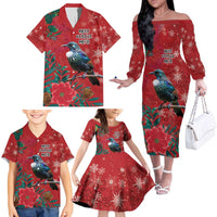 Tui Meri Kirihimete Personalised Family Matching Off The Shoulder Long Sleeve Dress and Hawaiian Shirt Pohutukawa Flowers Red Motif LT9 - Polynesian Pride