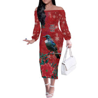 Tui Meri Kirihimete Personalised Family Matching Off The Shoulder Long Sleeve Dress and Hawaiian Shirt Pohutukawa Flowers Red Motif LT9 Mom's Dress Red - Polynesian Pride