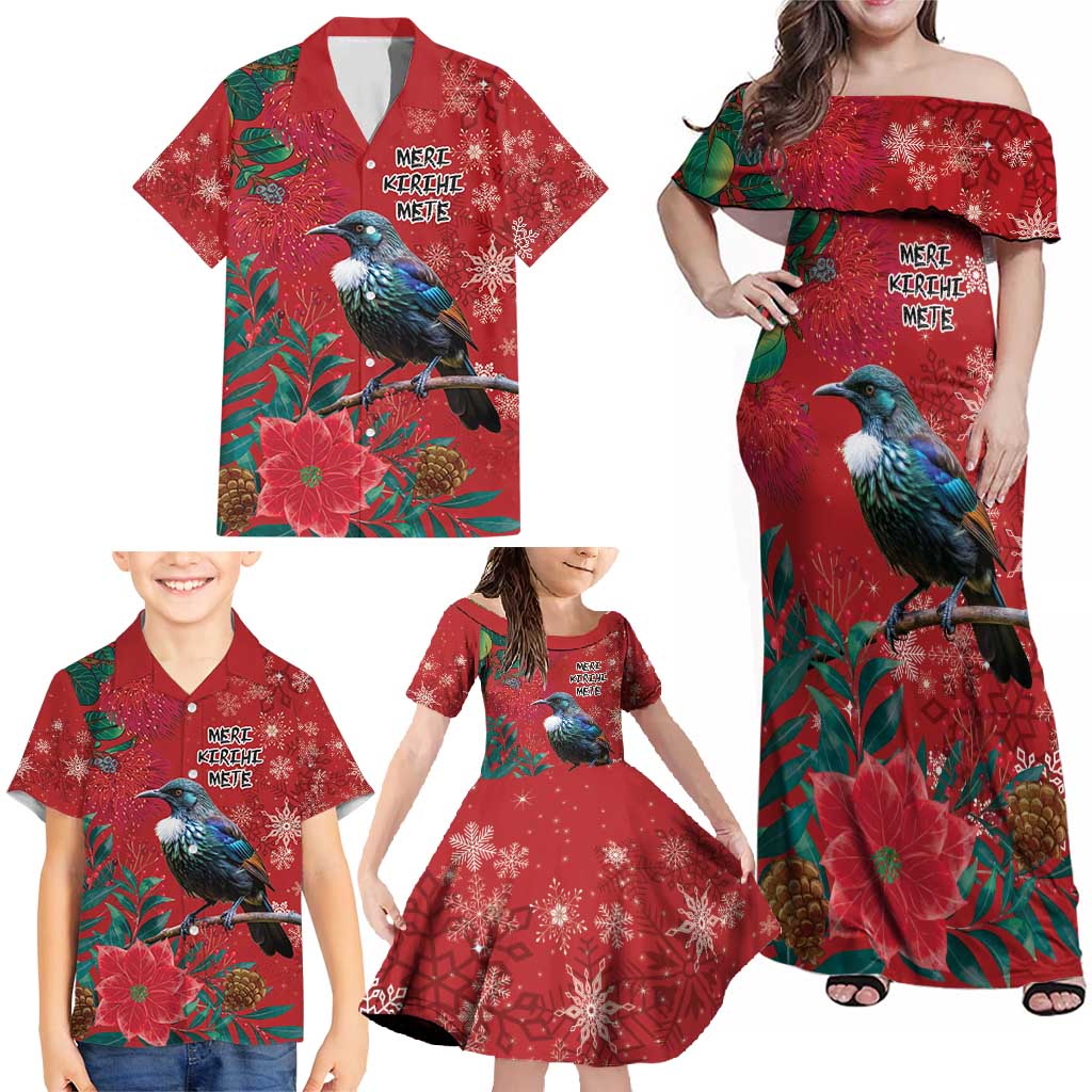 Tui Meri Kirihimete Personalised Family Matching Off Shoulder Maxi Dress and Hawaiian Shirt Pohutukawa Flowers Red Motif LT9 - Polynesian Pride