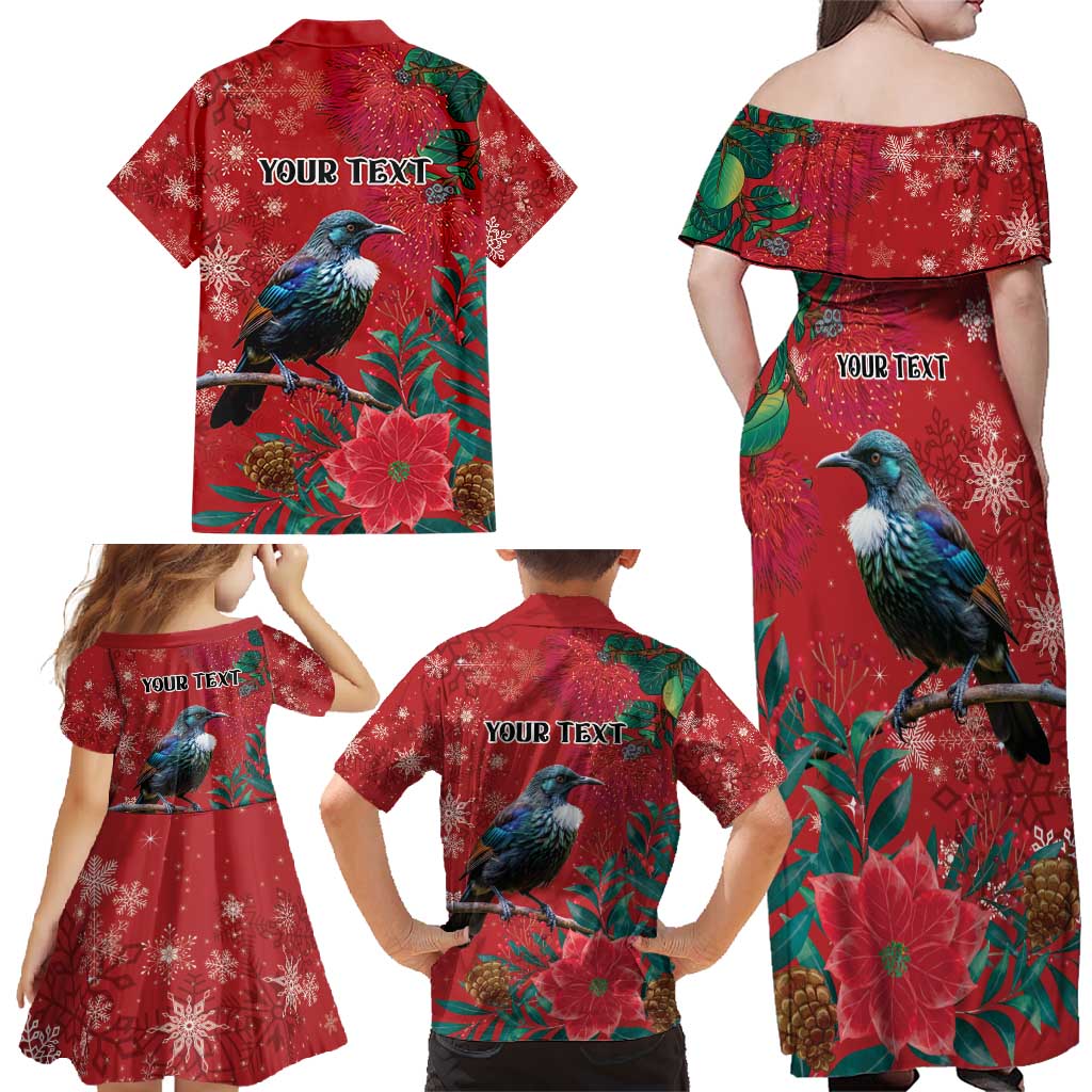 Tui Meri Kirihimete Personalised Family Matching Off Shoulder Maxi Dress and Hawaiian Shirt Pohutukawa Flowers Red Motif LT9 - Polynesian Pride