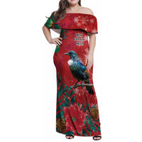 Tui Meri Kirihimete Personalised Family Matching Off Shoulder Maxi Dress and Hawaiian Shirt Pohutukawa Flowers Red Motif LT9 Mom's Dress Red - Polynesian Pride