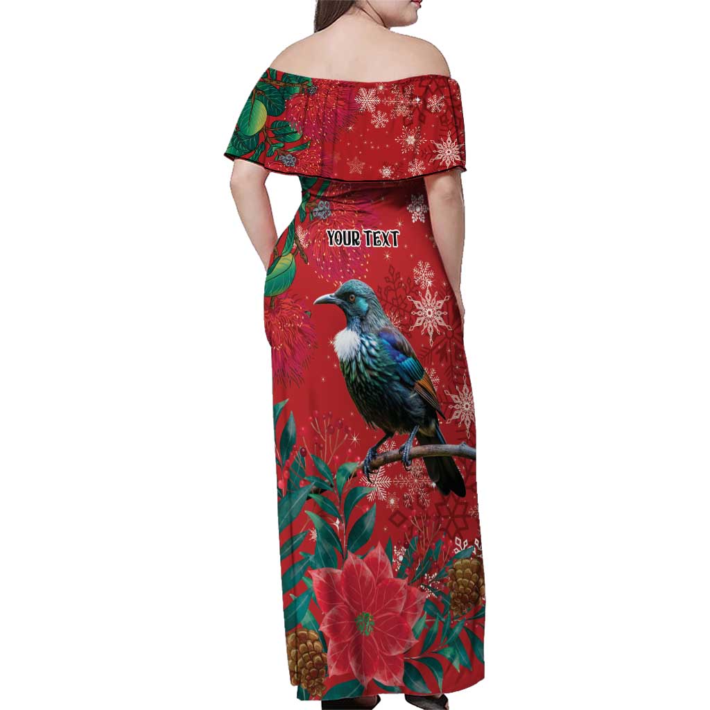 Tui Meri Kirihimete Personalised Family Matching Off Shoulder Maxi Dress and Hawaiian Shirt Pohutukawa Flowers Red Motif LT9 - Polynesian Pride