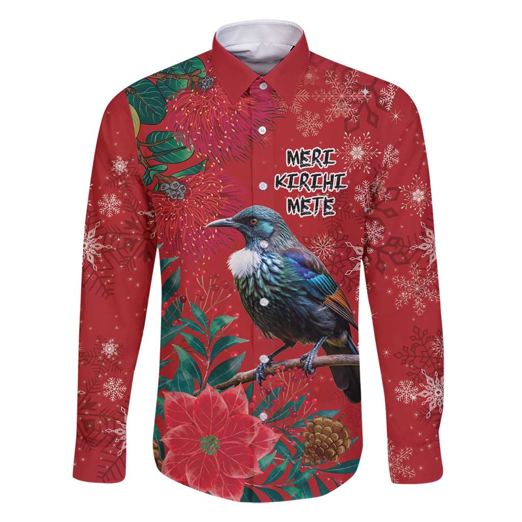 Tui Meri Kirihimete Personalised Family Matching Off Shoulder Short Dress and Hawaiian Shirt Pohutukawa Flowers Red Motif LT9 Dad's Shirt - Long Sleeve Red - Polynesian Pride
