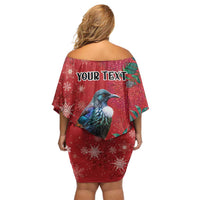 Tui Meri Kirihimete Personalised Family Matching Off Shoulder Short Dress and Hawaiian Shirt Pohutukawa Flowers Red Motif LT9 - Polynesian Pride