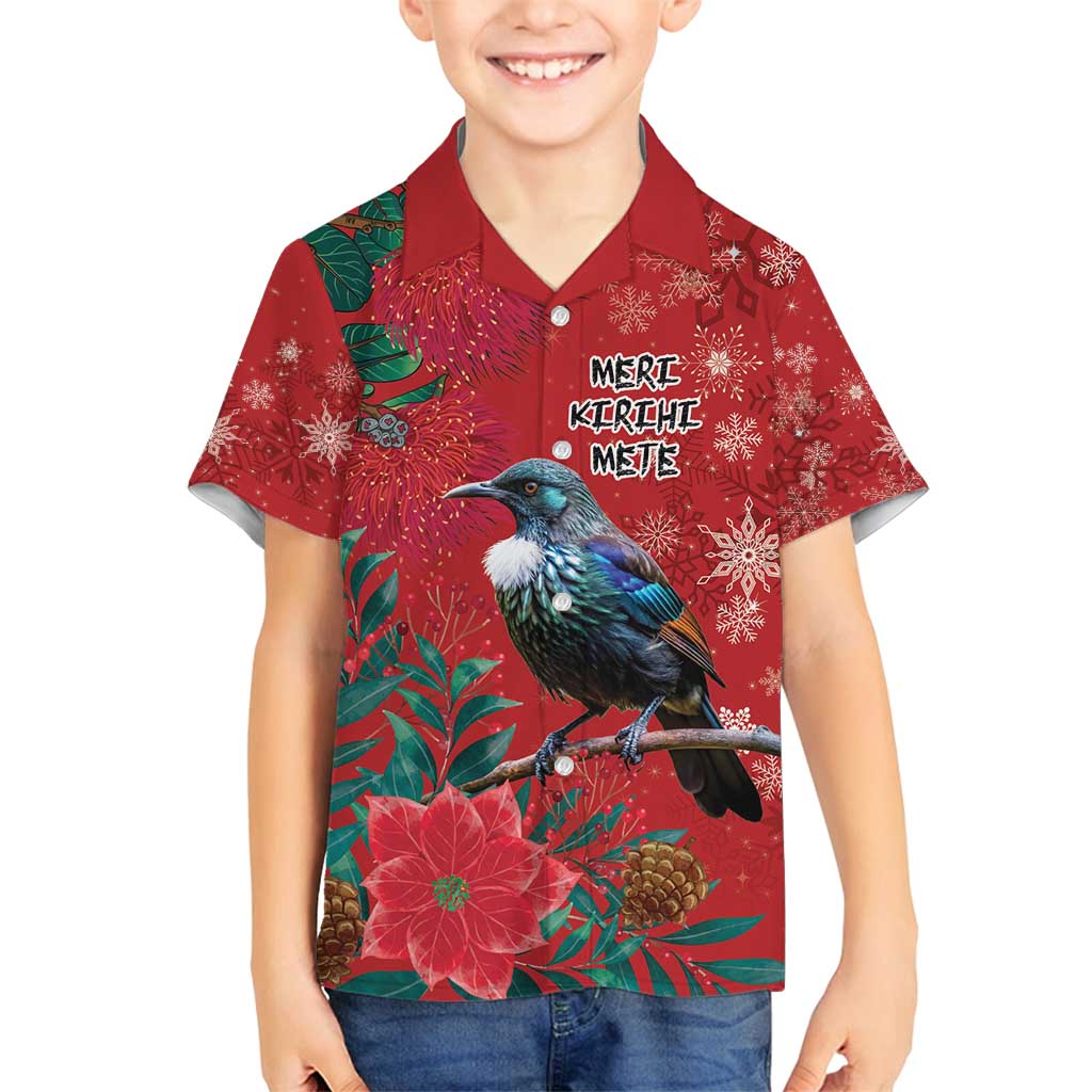 Tui Meri Kirihimete Personalised Family Matching Off Shoulder Short Dress and Hawaiian Shirt Pohutukawa Flowers Red Motif LT9 Son's Shirt Red - Polynesian Pride