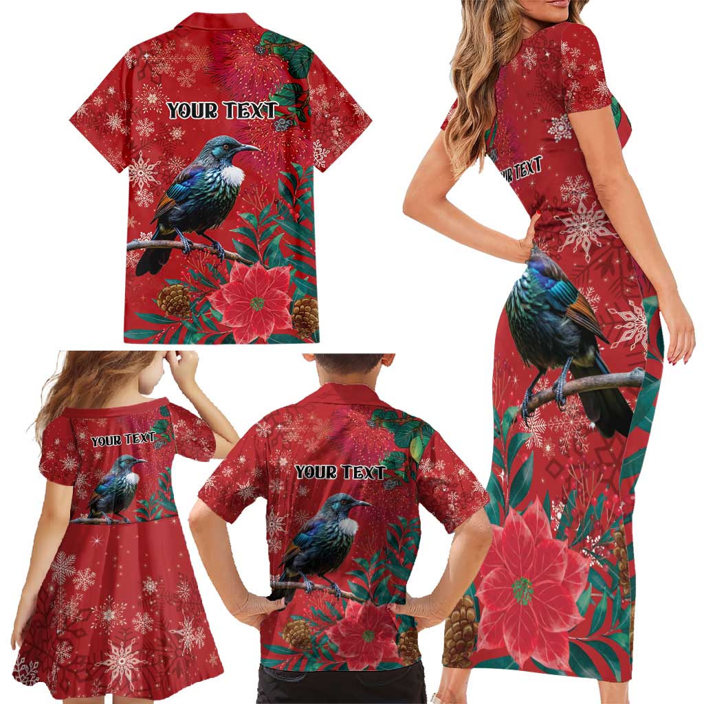 Tui Meri Kirihimete Personalised Family Matching Short Sleeve Bodycon Dress and Hawaiian Shirt Pohutukawa Flowers Red Motif LT9 - Polynesian Pride