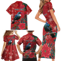 Tui Meri Kirihimete Personalised Family Matching Short Sleeve Bodycon Dress and Hawaiian Shirt Pohutukawa Flowers Red Motif LT9 - Polynesian Pride