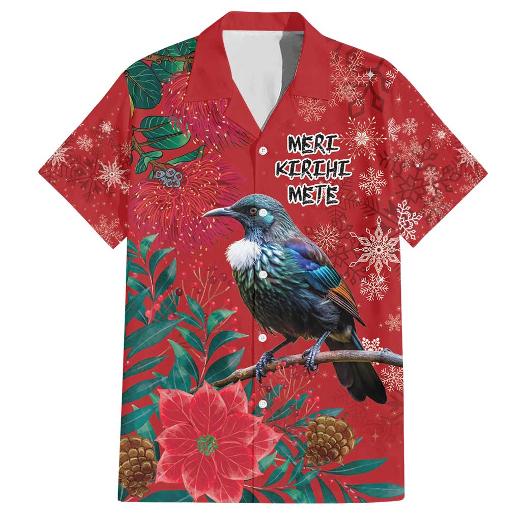 Tui Meri Kirihimete Personalised Family Matching Short Sleeve Bodycon Dress and Hawaiian Shirt Pohutukawa Flowers Red Motif LT9 Dad's Shirt - Short Sleeve Red - Polynesian Pride
