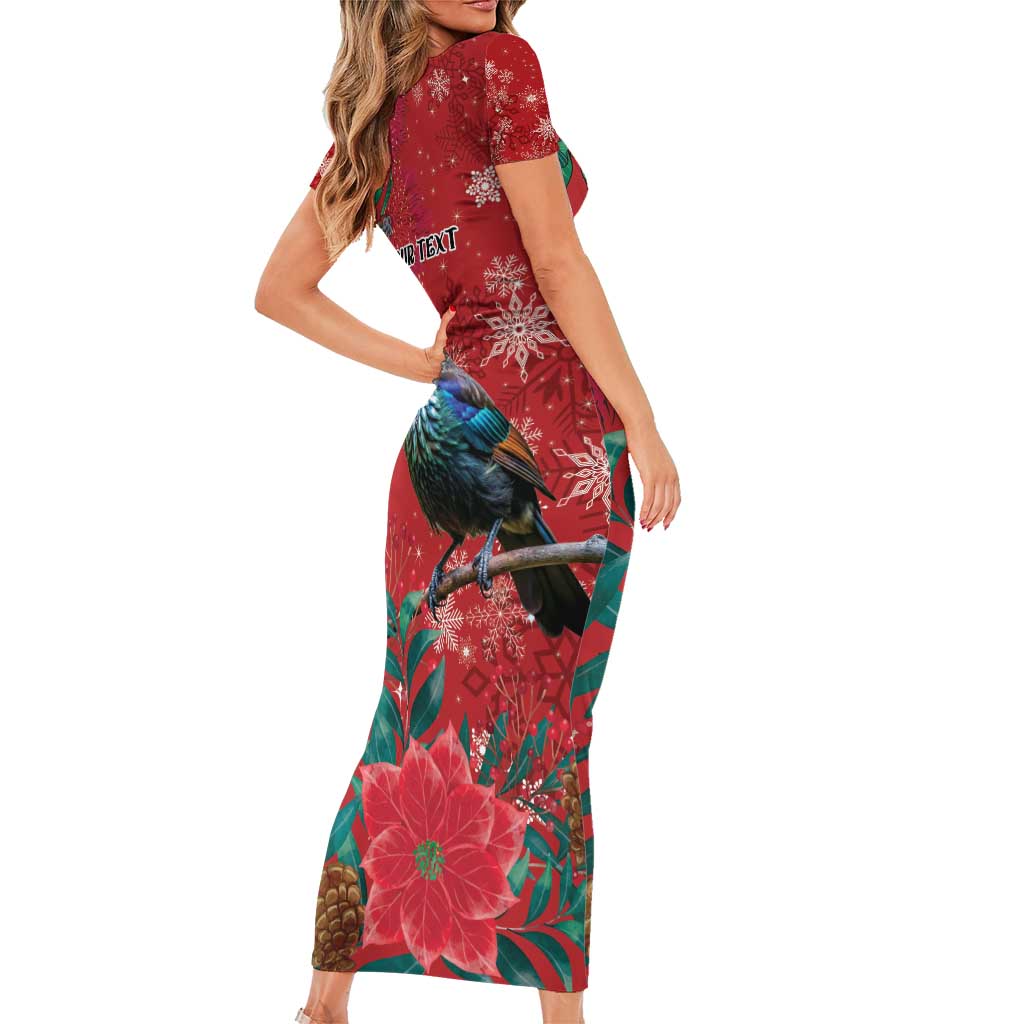 Tui Meri Kirihimete Personalised Family Matching Short Sleeve Bodycon Dress and Hawaiian Shirt Pohutukawa Flowers Red Motif LT9 - Polynesian Pride