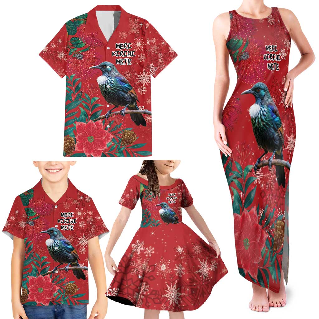 Tui Meri Kirihimete Personalised Family Matching Tank Maxi Dress and Hawaiian Shirt Pohutukawa Flowers Red Motif LT9 - Polynesian Pride