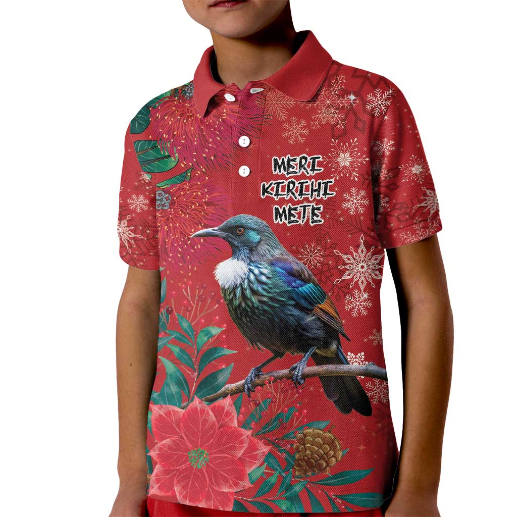 Tui Meri Kirihimete Personalised Kid Polo Shirt Pohutukawa Flowers Red Motif LT9 Kid Red - Polynesian Pride