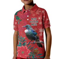 Tui Meri Kirihimete Personalised Kid Polo Shirt Pohutukawa Flowers Red Motif LT9 Kid Red - Polynesian Pride