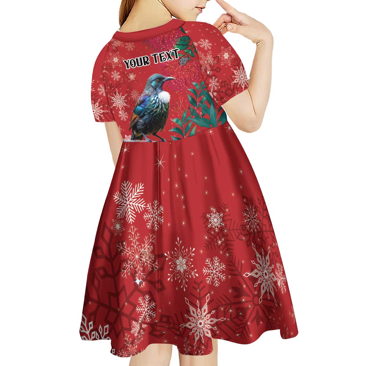 Tui Meri Kirihimete Personalised Kid Short Sleeve Dress Pohutukawa Flowers Red Motif LT9 - Polynesian Pride