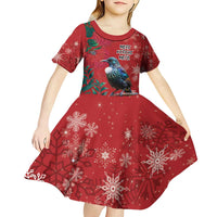 Tui Meri Kirihimete Personalised Kid Short Sleeve Dress Pohutukawa Flowers Red Motif LT9 - Polynesian Pride