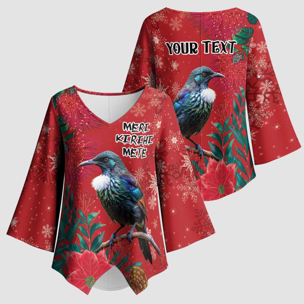 Tui Meri Kirihimete Personalised Kimono Sleeve Blouse Pohutukawa Flowers Red Motif LT9 - Polynesian Pride