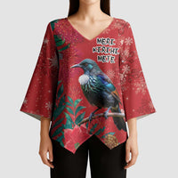Tui Meri Kirihimete Personalised Kimono Sleeve Blouse Pohutukawa Flowers Red Motif LT9 - Polynesian Pride