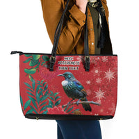Tui Meri Kirihimete Personalised Leather Tote Bag Pohutukawa Flowers Red Motif LT9 - Polynesian Pride