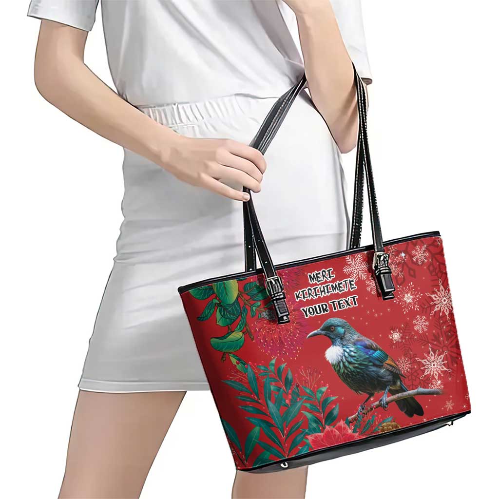 Tui Meri Kirihimete Personalised Leather Tote Bag Pohutukawa Flowers Red Motif LT9 - Polynesian Pride