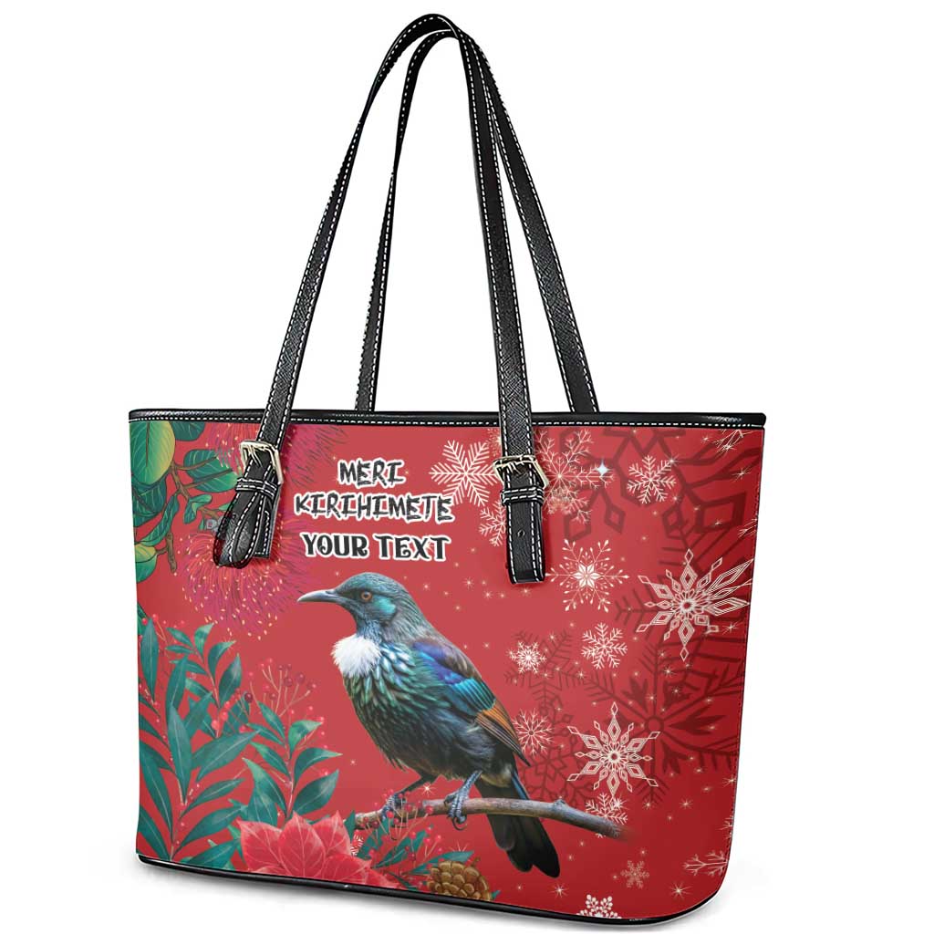 Tui Meri Kirihimete Personalised Leather Tote Bag Pohutukawa Flowers Red Motif LT9 - Polynesian Pride