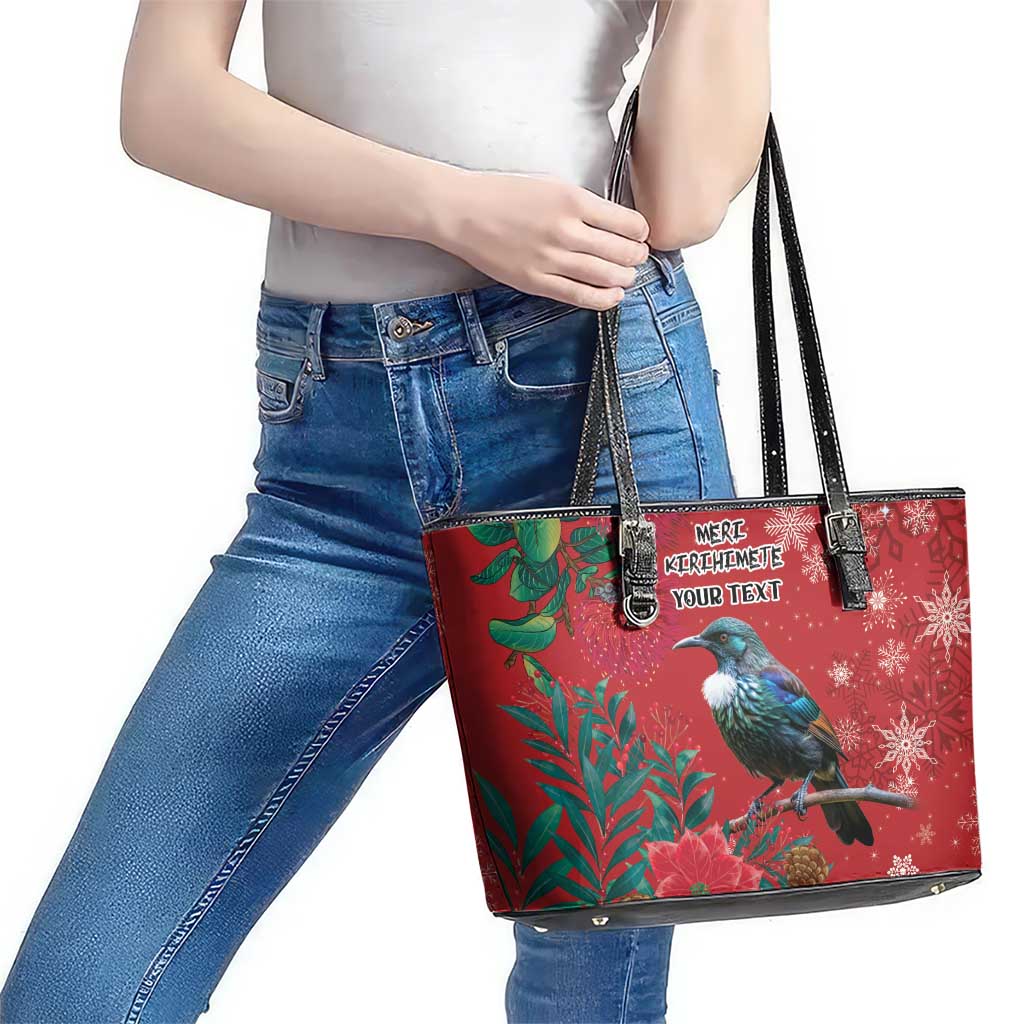 Tui Meri Kirihimete Personalised Leather Tote Bag Pohutukawa Flowers Red Motif LT9 - Polynesian Pride
