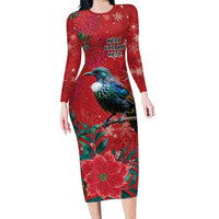 Tui Meri Kirihimete Personalised Long Sleeve Bodycon Dress Pohutukawa Flowers Red Motif LT9 Long Dress Red - Polynesian Pride
