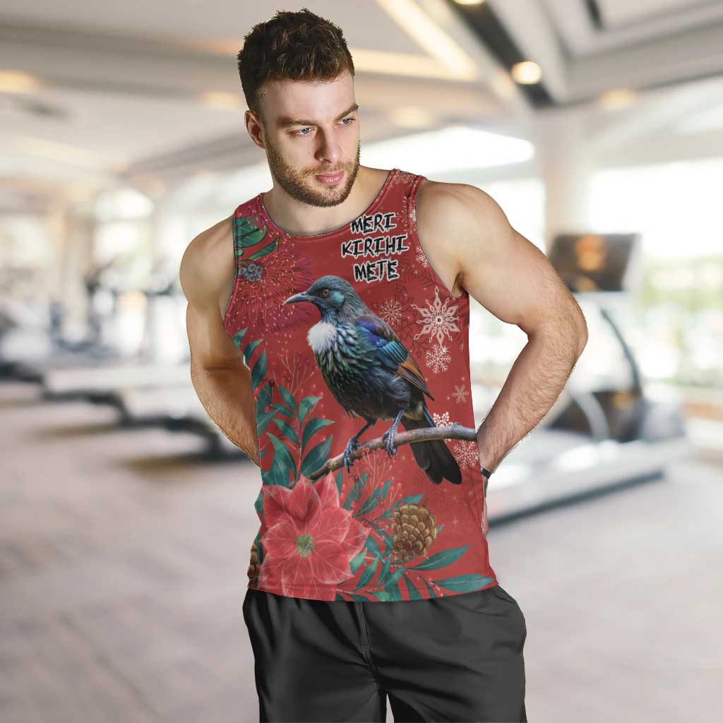 Tui Meri Kirihimete Personalised Men Tank Top Pohutukawa Flowers Red Motif - Polynesian Pride
