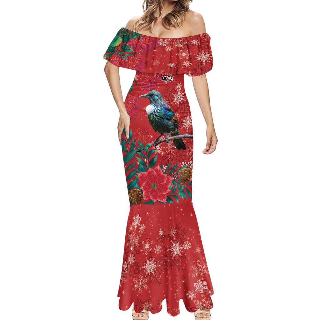 Tui Meri Kirihimete Personalised Mermaid Dress Pohutukawa Flowers Red Motif LT9 - Polynesian Pride