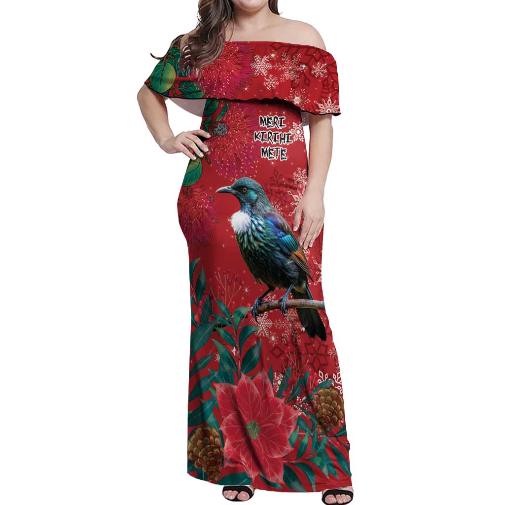 Tui Meri Kirihimete Personalised Off Shoulder Maxi Dress Pohutukawa Flowers Red Motif LT9 Women Red - Polynesian Pride