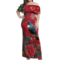 Tui Meri Kirihimete Personalised Off Shoulder Maxi Dress Pohutukawa Flowers Red Motif LT9 Women Red - Polynesian Pride
