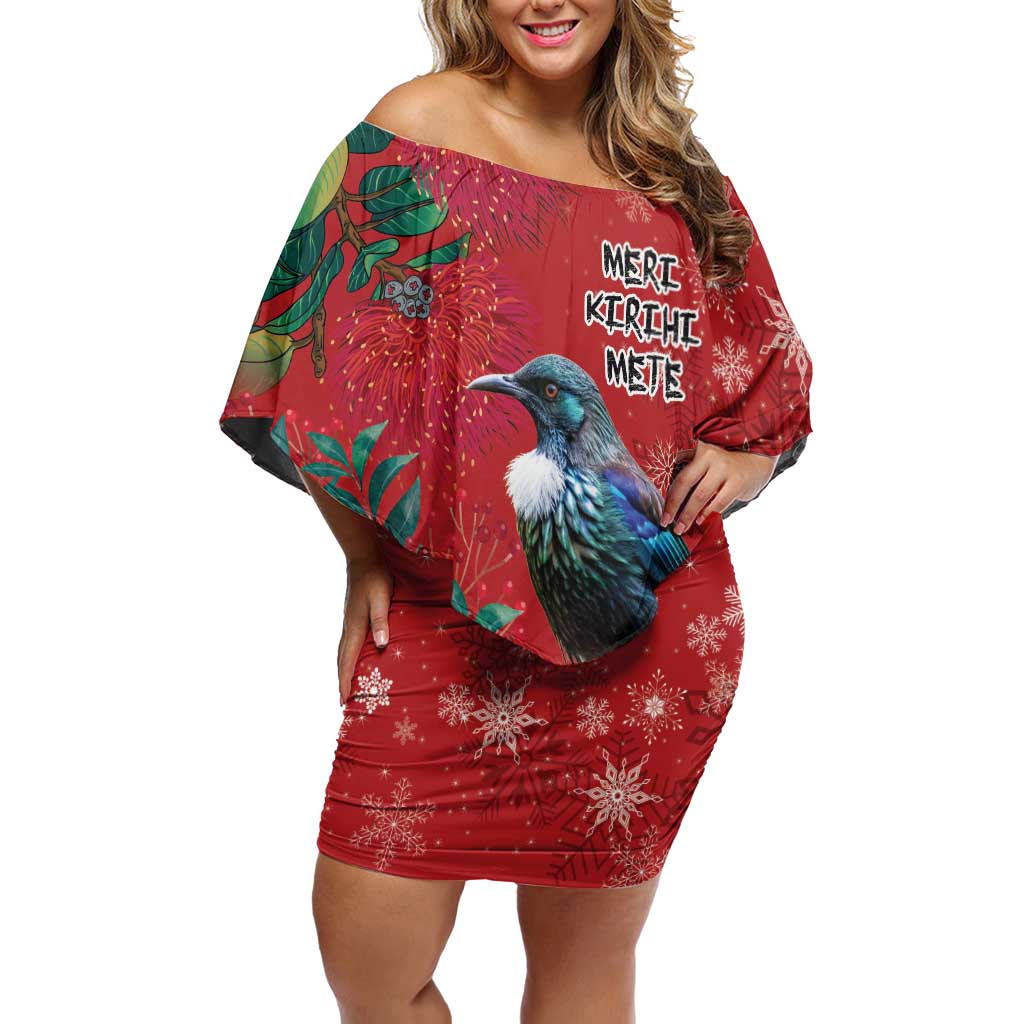 Tui Meri Kirihimete Personalised Off Shoulder Short Dress Pohutukawa Flowers Red Motif LT9 Women Red - Polynesian Pride