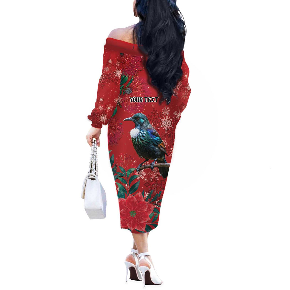 Tui Meri Kirihimete Personalised Off The Shoulder Long Sleeve Dress Pohutukawa Flowers Red Motif LT9 - Polynesian Pride