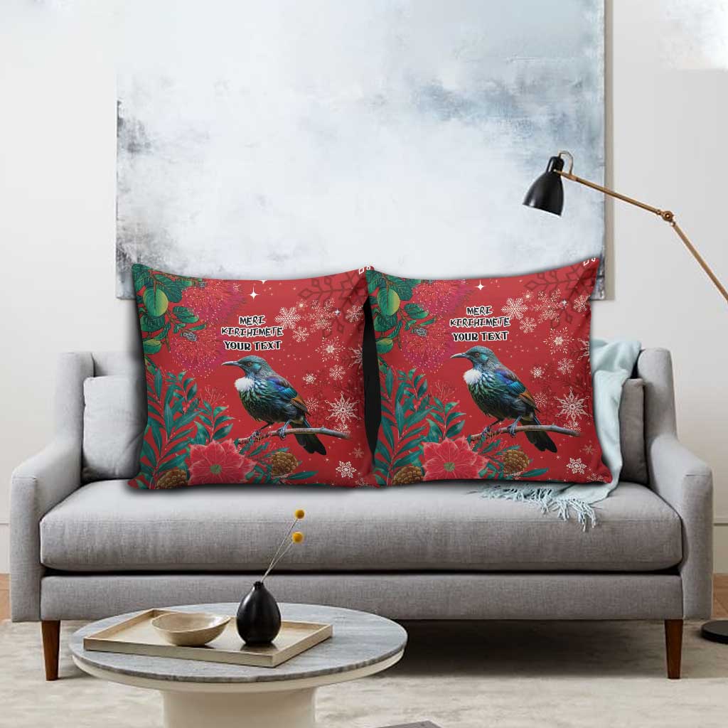 Tui Meri Kirihimete Personalised Pillow Cover Pohutukawa Flowers Red Motif - Polynesian Pride