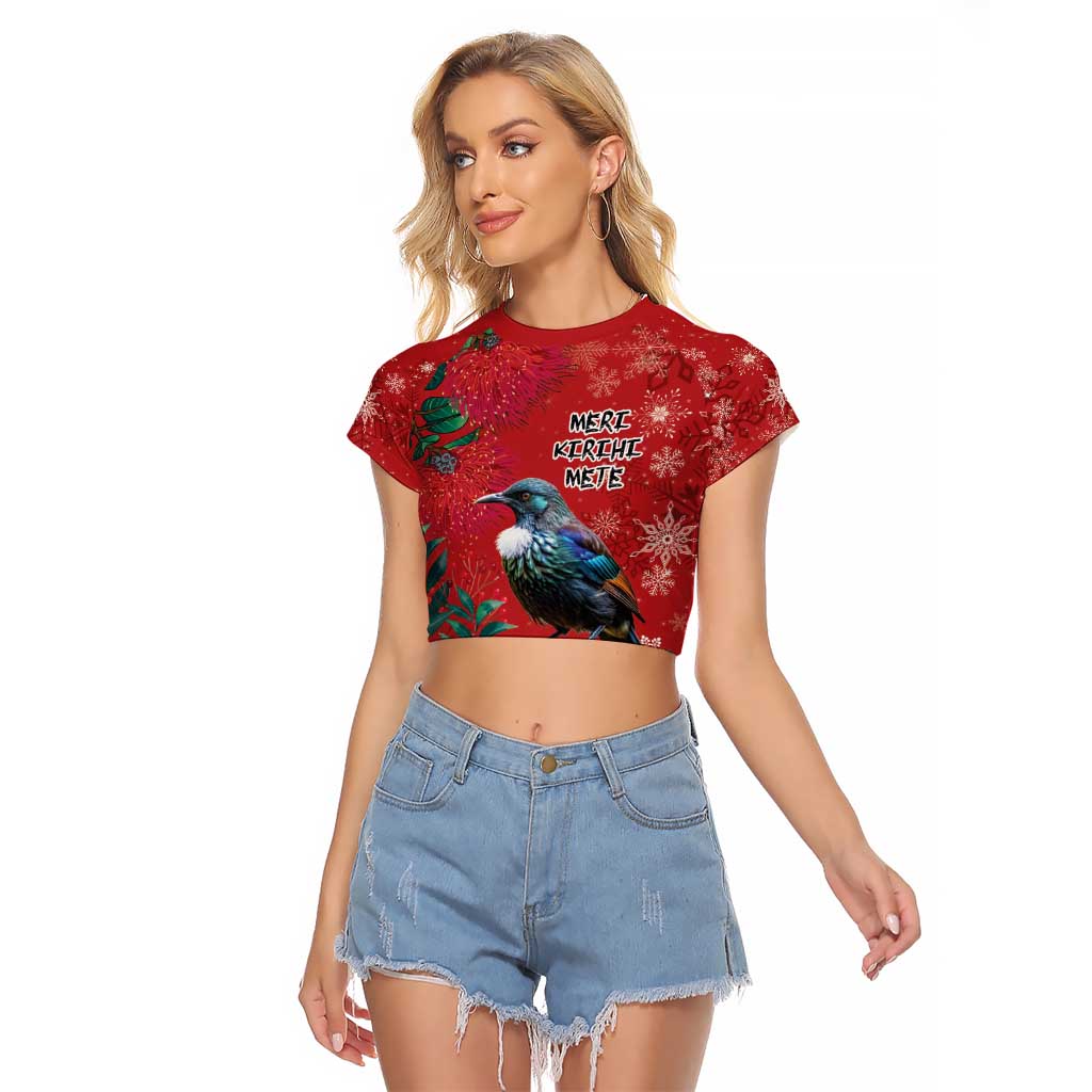 Tui Meri Kirihimete Personalised Raglan Cropped T Shirt Pohutukawa Flowers Red Motif LT9 Female Red - Polynesian Pride