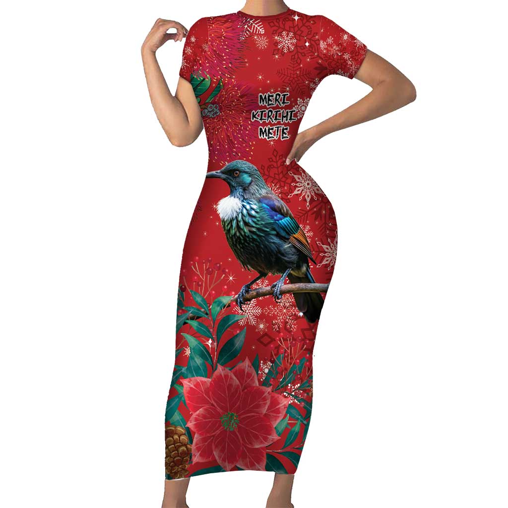 Tui Meri Kirihimete Personalised Short Sleeve Bodycon Dress Pohutukawa Flowers Red Motif LT9 Long Dress Red - Polynesian Pride
