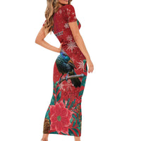 Tui Meri Kirihimete Personalised Short Sleeve Bodycon Dress Pohutukawa Flowers Red Motif LT9 - Polynesian Pride