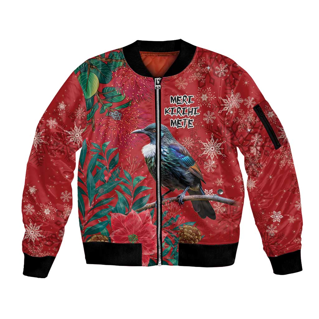 Tui Meri Kirihimete Personalised Sleeve Zip Bomber Jacket Pohutukawa Flowers Red Motif LT9 Unisex Red - Polynesian Pride