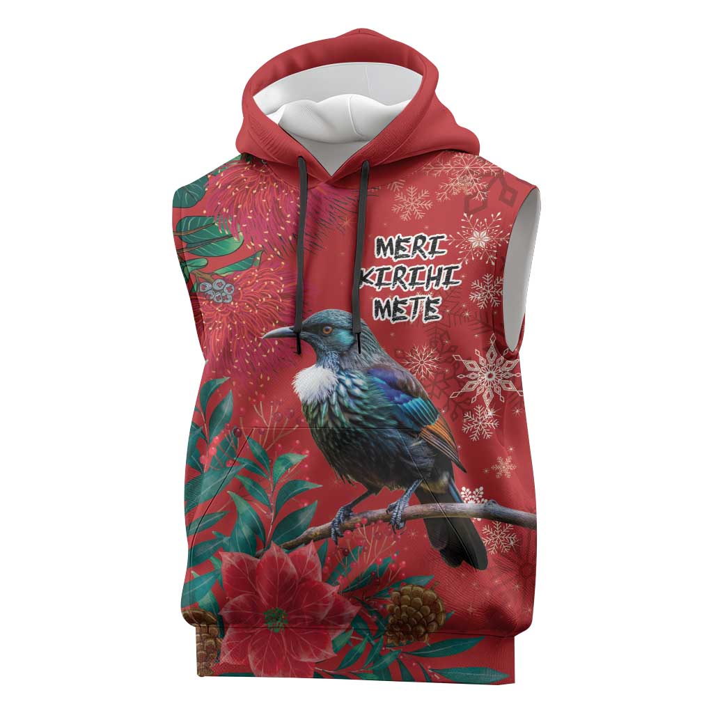 Tui Meri Kirihimete Personalised Sleeveless Hoodie Pohutukawa Flowers Red Motif LT9 Red - Polynesian Pride