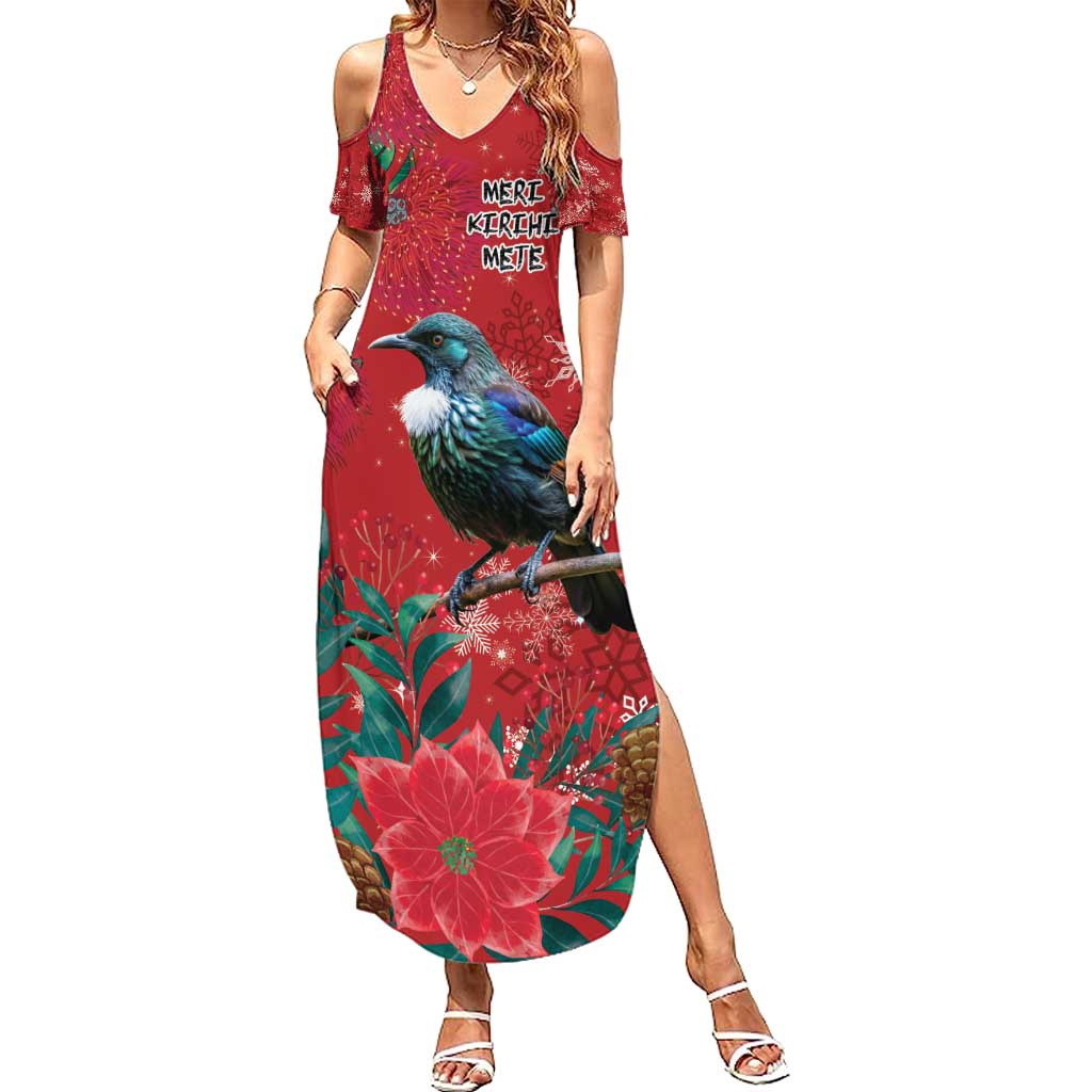 Tui Meri Kirihimete Personalised Summer Maxi Dress Pohutukawa Flowers Red Motif LT9 Women Red - Polynesian Pride
